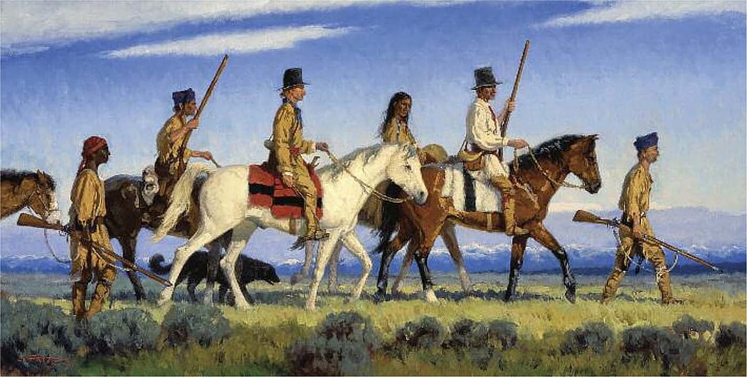Dixon's techniques, in particular, inspired "We Proceeded On," one of the works in the Lewis and Clark series. Charles Fritz (b. 1955). "We Proceeded On," 2004. Oil on canvas, 20 x 36 inches. Collection of Timothy Peterson.