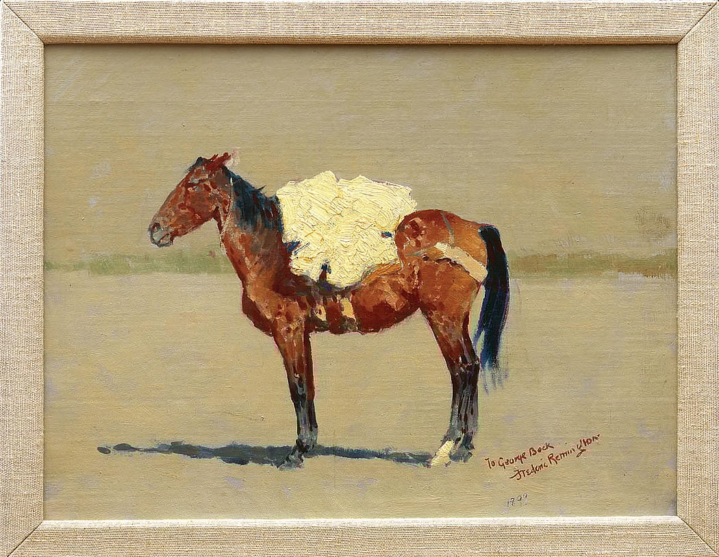Frederic Remington (1861-1909). "Unhaltered Packhorse," 1899. Oil on canvas. Gift in fond memory of our dear parents, the Honorable Milward Lee and Lorna Kooi Simpson, from their devoted sons, Dr. Peter Kooi Simpson and Sen. Alan Kooi Simpson. 21.98.1