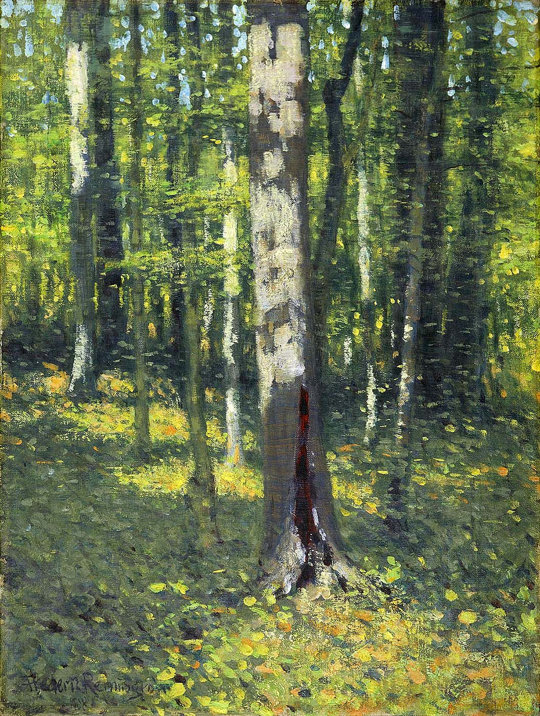 Frederic Remington (1861-1909). Untitled (Impressionistic fall scene of birches and thick forest), 1908. Oil on board, 16 x 12 inches. Gift of The Coe Foundation. 89.67