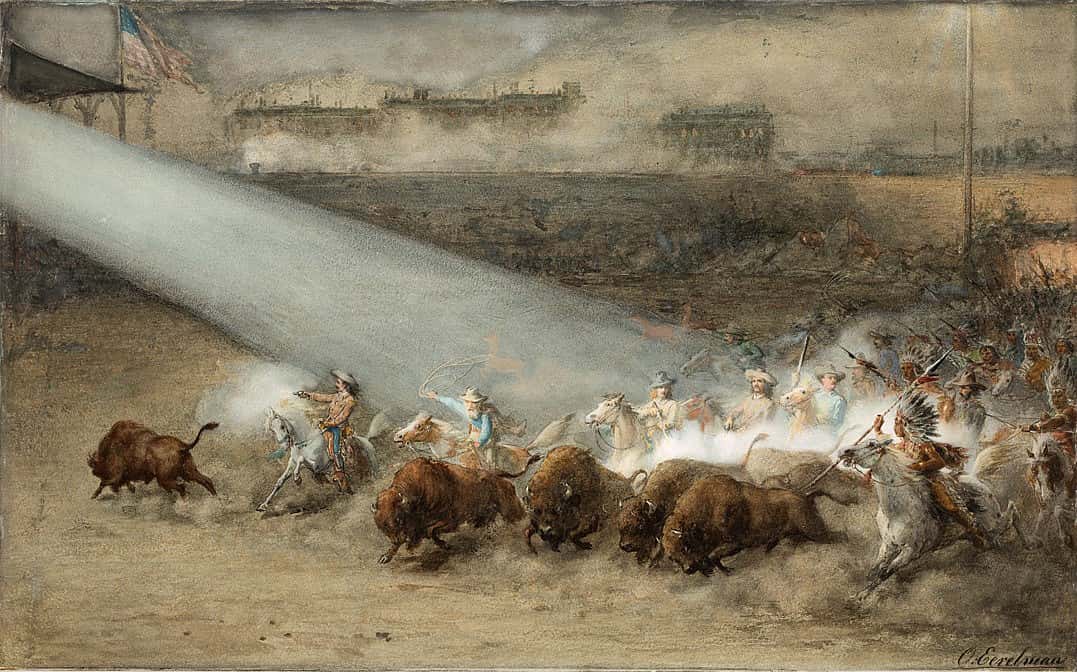 Otto Eerleman (1839-1926). Buffalo Bill and the Wild West Show, ca. 1887. Watercolor, 27.25 x 38.625 inches (framed). Gift of Sue and Wes Dixon. 4.15.2