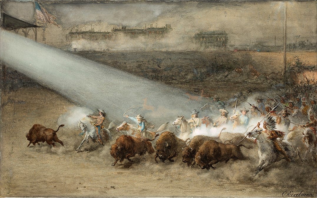 Otto Eerleman (1839-1926). Buffalo Bill and the Wild West Show, ca. 1887. Watercolor, 27.25 x 38.625 inches (framed). Gift of Sue and Wes Dixon. 4.15.2