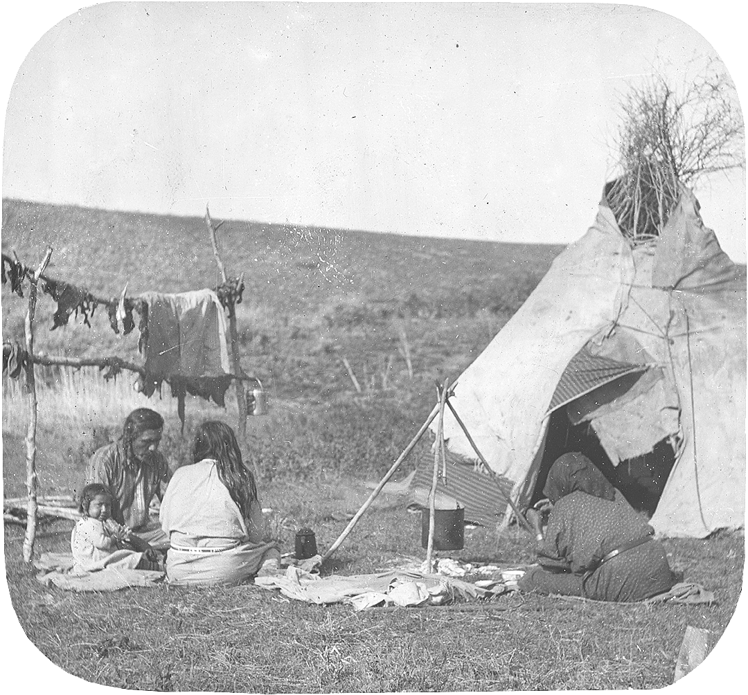White Arm family hunting camp, Absaroke (Crow). Black and white lantern slide. MS 95 William A. Petzoldt Lantern Slide Collection. LS.95.80