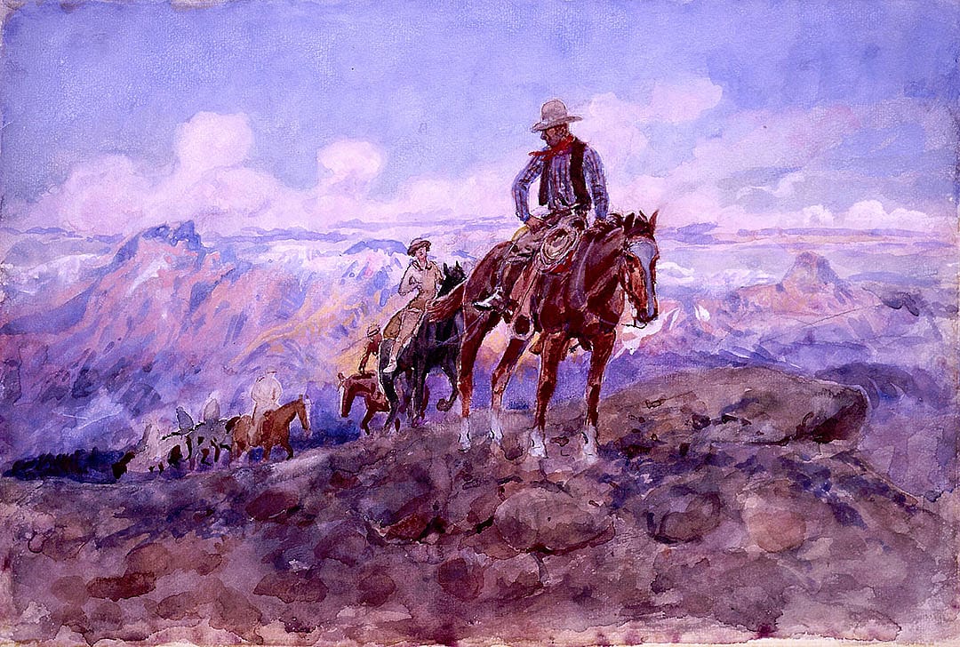 Charles M. Russell (1864-1926). Dude Wrangler, ca. 1915. Watercolor on paper, 11.5 x 17.375 inches. Gift of William E. Weiss. 26.73