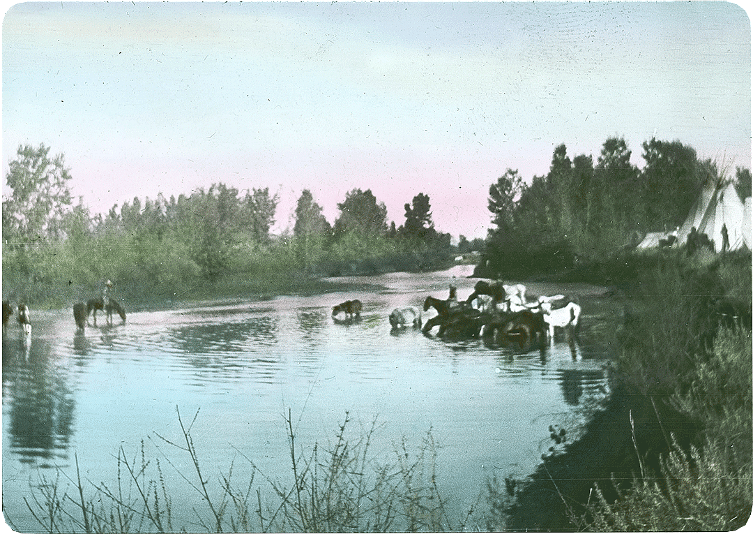 A camp on the Little Bighorn River. Colorized lantern slide. MS 95 William A. Petzoldt Lantern Slide Collection. LS.95.288