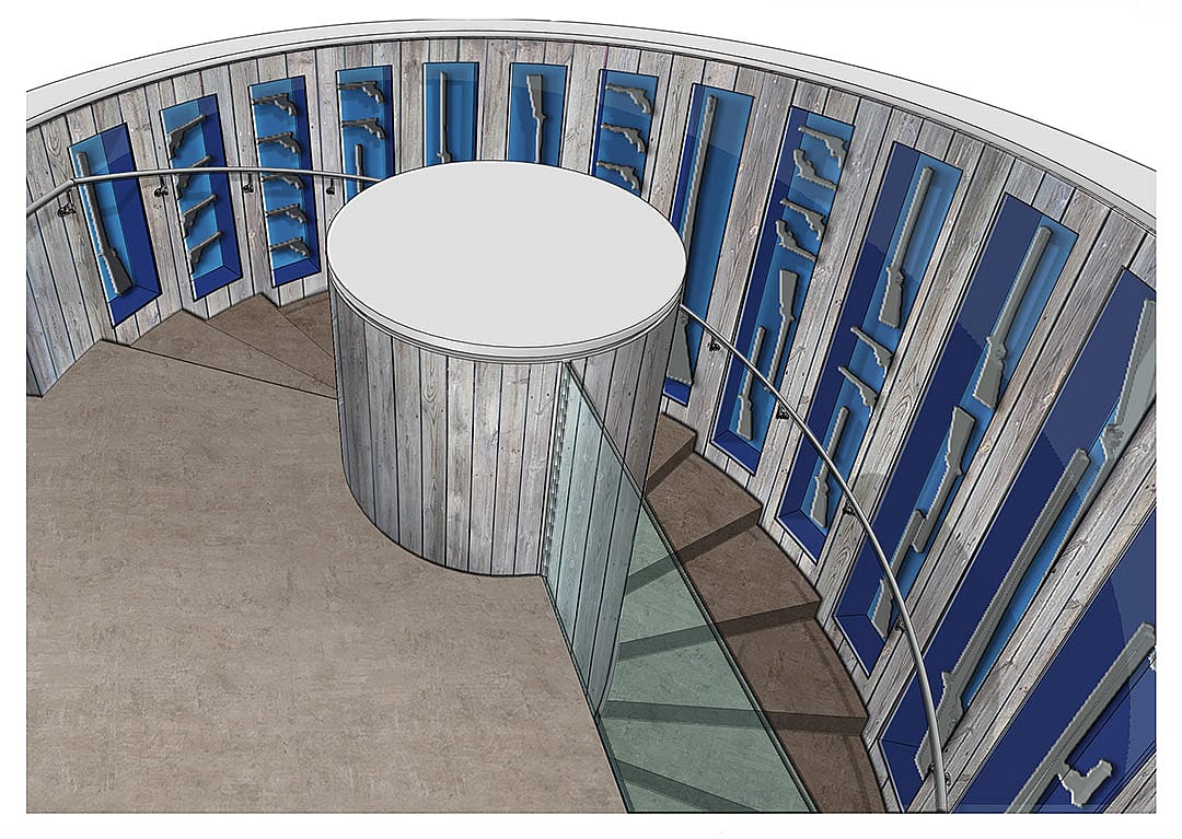 CFM reinstallation design drawing: Spiral stairs to lower level. Gallagher & Associates.
