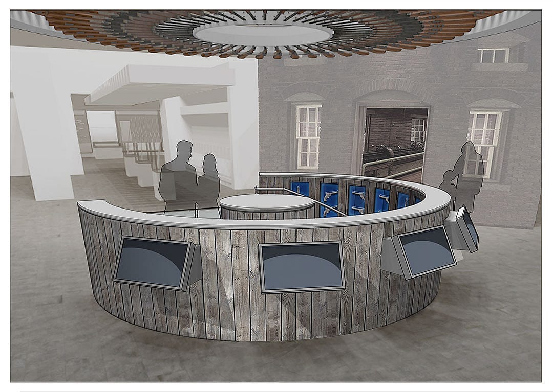 CFM design drawing: Upper level landing of spiral stairs to lower level. Gallagher & Associates.