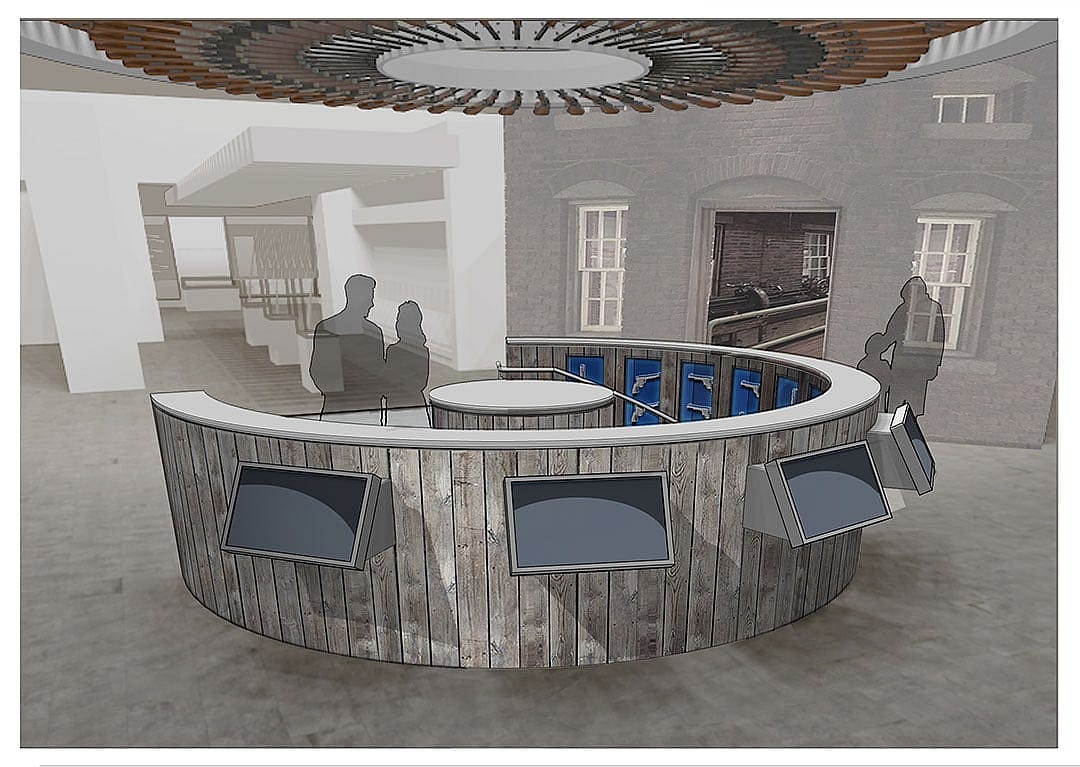 CFM design drawing: Upper level landing of spiral stairs to lower level. Gallagher & Associates.