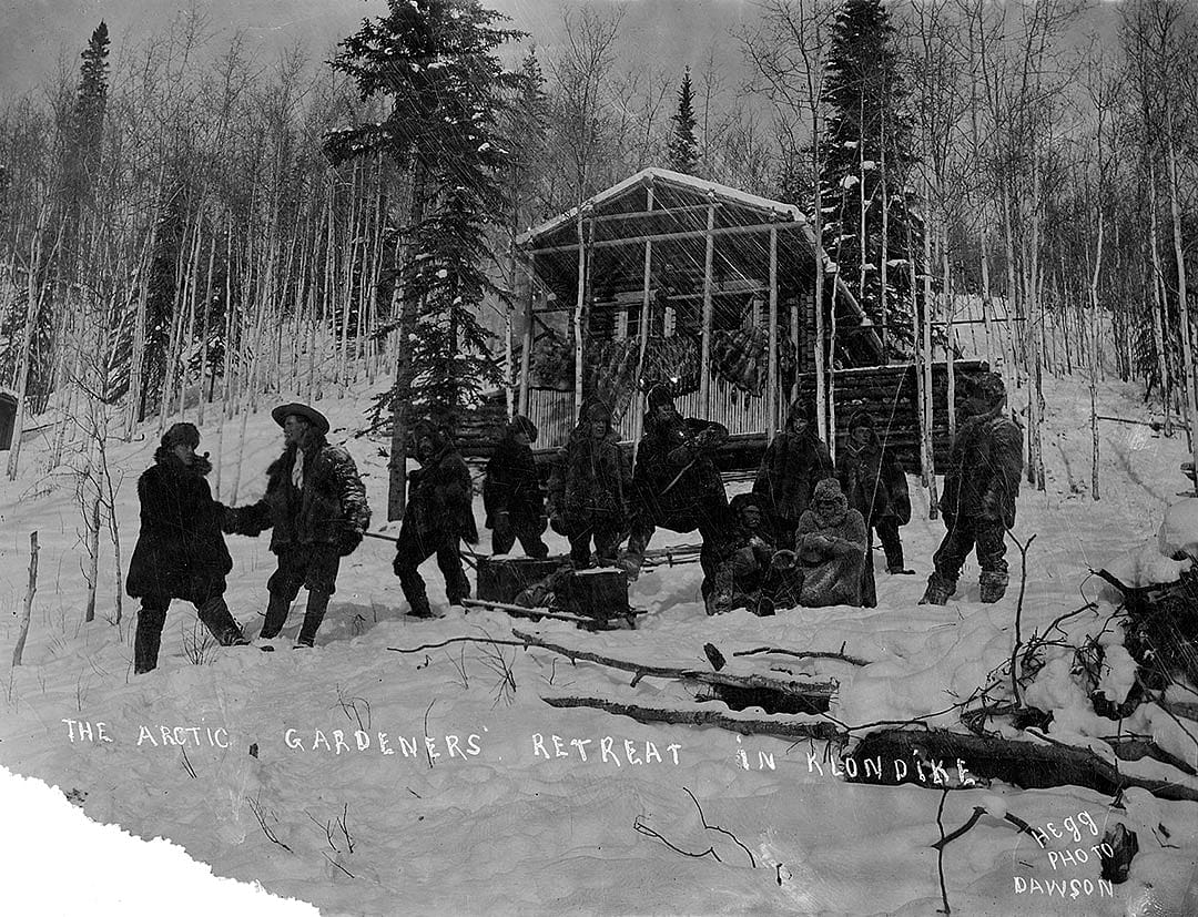 Crawford's "Arctic Gardeners' Retreat in Klondike," ca. 1890s. Hegg Photo. Dawson, Yukon Territory, Canada. Inscription: For Captain Jack With The Best Wishes of J.A. Acklen. MS 322 John Wallace Crawford Collection. P.322.0186