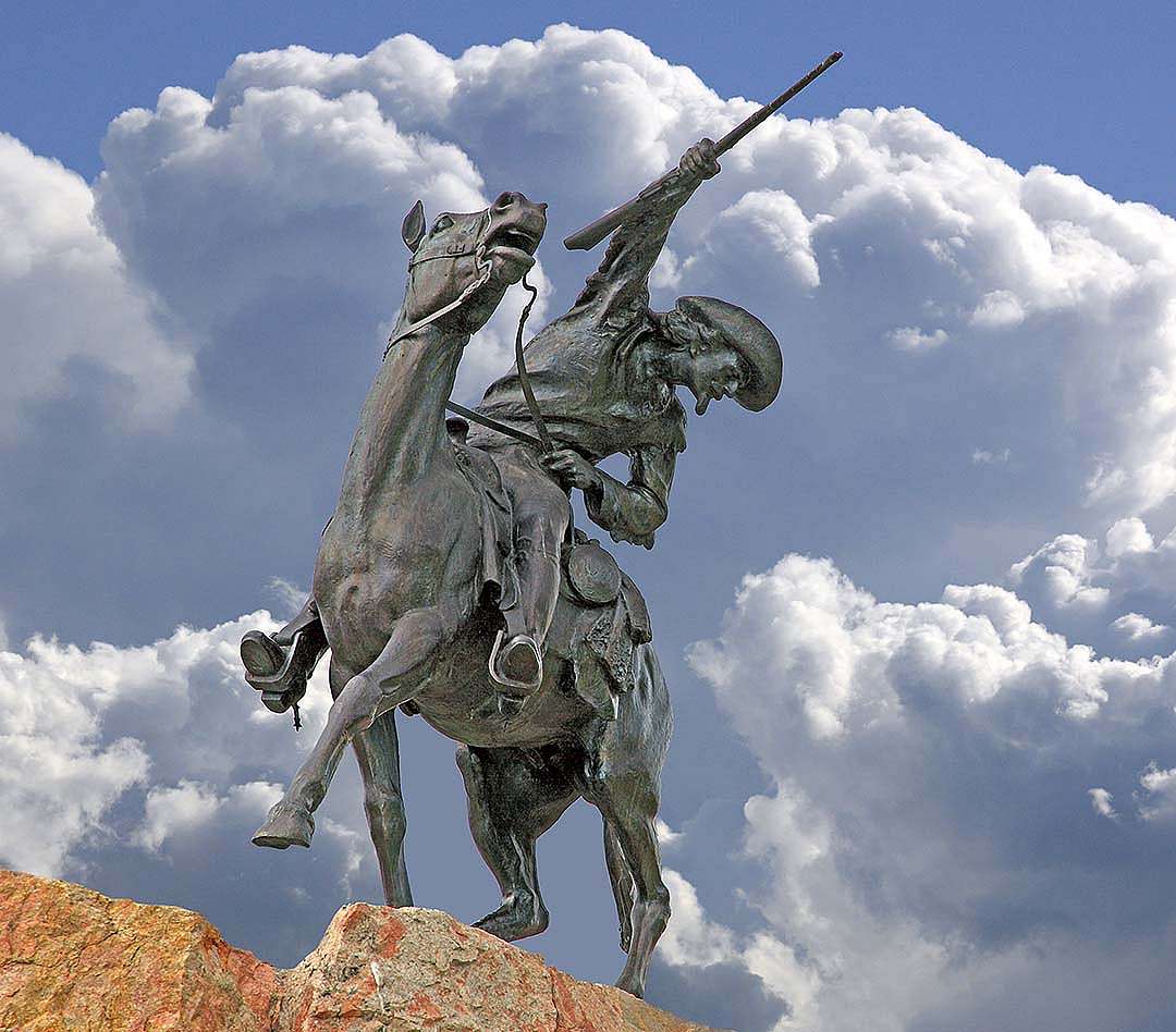 Events in Cody honoring Buffalo Bill’s birthday include the Buffalo Bill Birthday Ball February 23, a free day at the Center of the West February 24, and the Cody High School FFA’s annual wreath-laying ceremony at Gertrude Vanderbilt Whitney’s iconic Scout sculpture (3.58). Photo by David Peters.