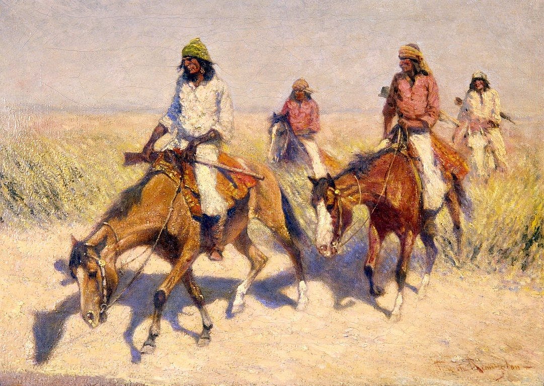 Figure. Unknown Artist. Copy of Remington's 1910 Collier's Weekly print, Pool in the Desert, n.d. Oil on canvas. Collection of the Frederic Remington Art Museum