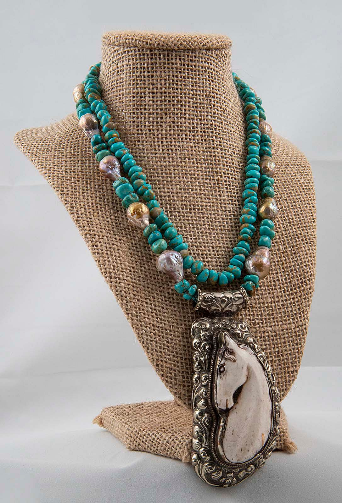 Baroque pearls on Sonoran turquoise two-strand necklace; 16 inch.