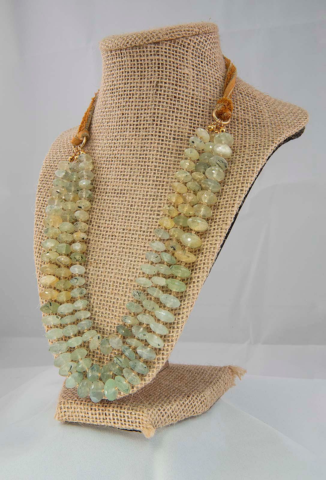 Prehnite on gold silk with deer lace necklace; 12 inch (beaded length) with deer lace adjustable to increase length.