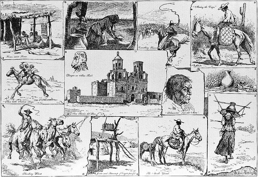 Figure 6. Frederic Remington (1861-1909). Sketches Among the Papagos of San Xavier, 1887. Harper's Weekly (April 2, 1887), line engraving. (CR# 00074).