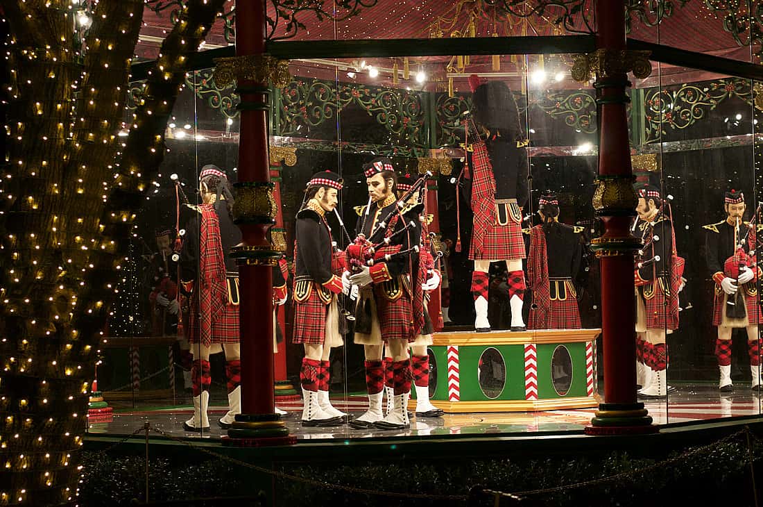 Christmas display representing the pipers in the song 12 Days of Christmas.