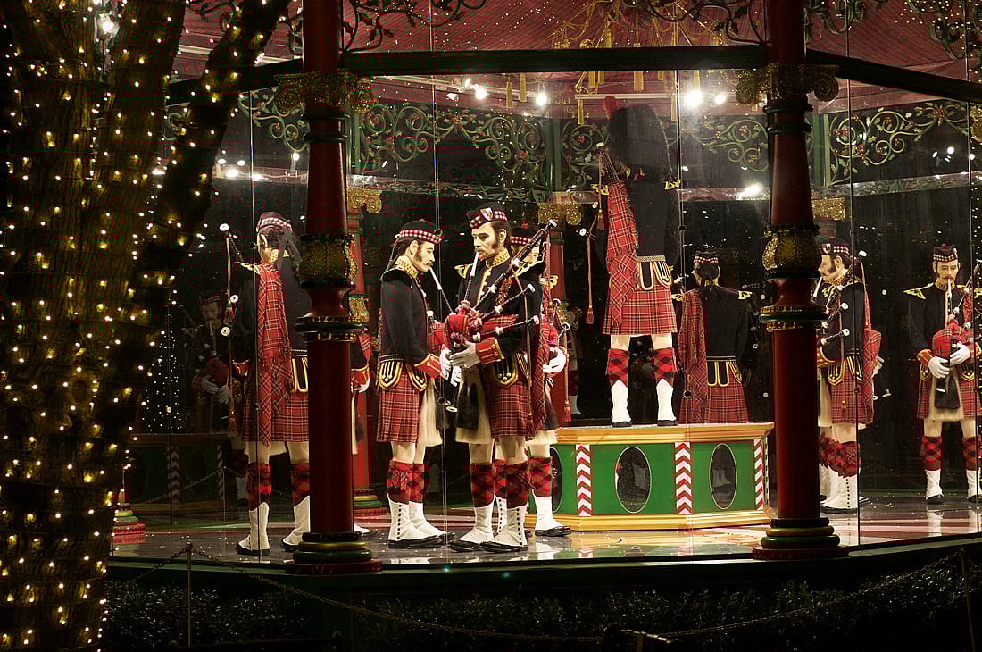 Christmas display representing the pipers in the song 12 Days of Christmas.