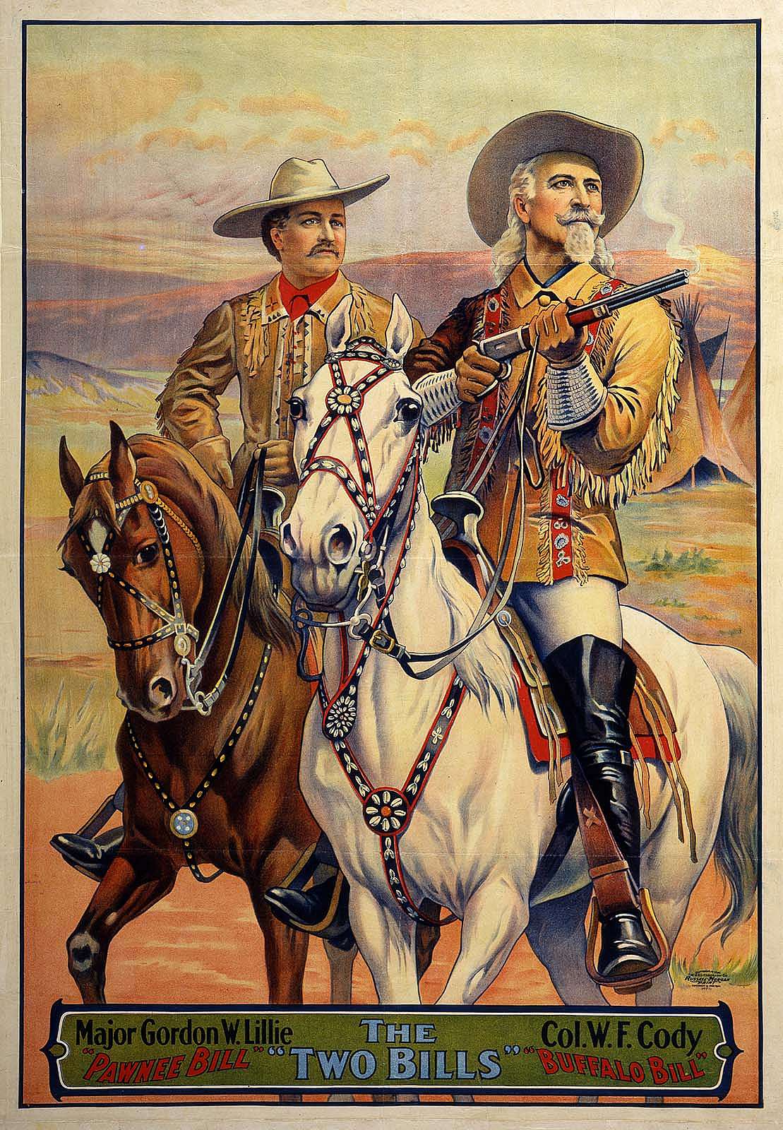A 1912 "The Two Bills" promotional poster depicts Major Gordon W. "Pawnee Bill" Lillie, left, and William F. Cody. In 1909, Cody and Lillie combined their rival productions and toured as Buffalo Bill's Wild West and Pawnee Bill's Great Far East, sometimes shortened to the "Two Bills." 1.69.111
