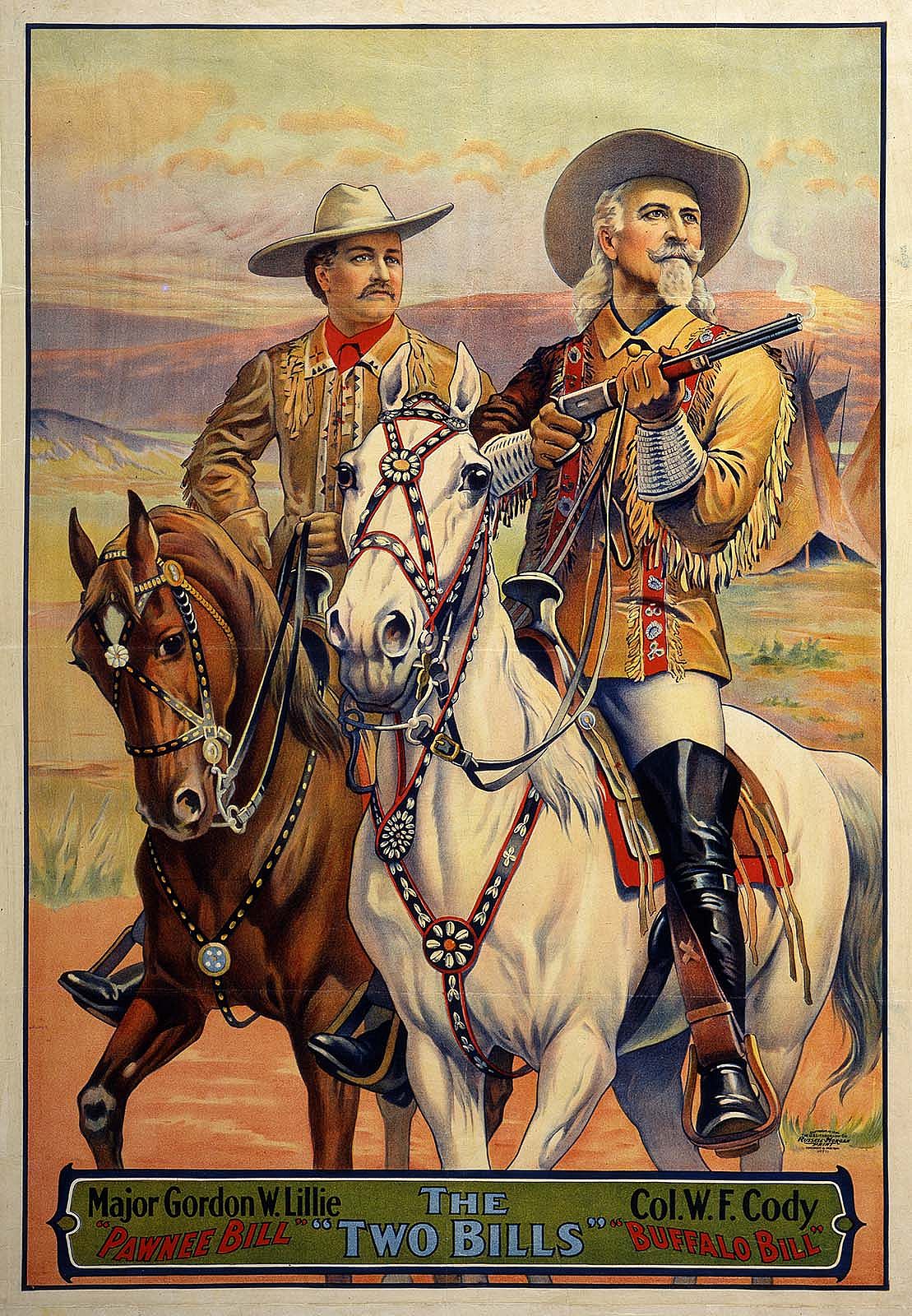 A 1912 "The Two Bills" promotional poster depicts Major Gordon W. "Pawnee Bill" Lillie, left, and William F. Cody. In 1909, Cody and Lillie combined their rival productions and toured as Buffalo Bill's Wild West and Pawnee Bill's Great Far East, sometimes shortened to the "Two Bills." 1.69.111