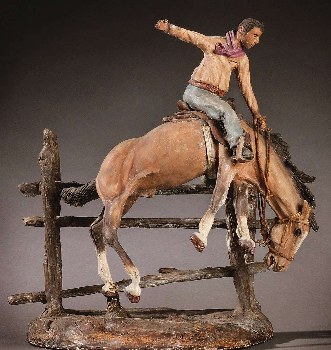 Fig. 5: E.E. Heikka (1910-1941). "Cowboy on a Bucking Bronco," ca. 1931. Painted plaster. 11.75 x 8.25 x 12 in. Gift of Mr. and Mrs. I.B. Bloxum. 20.82