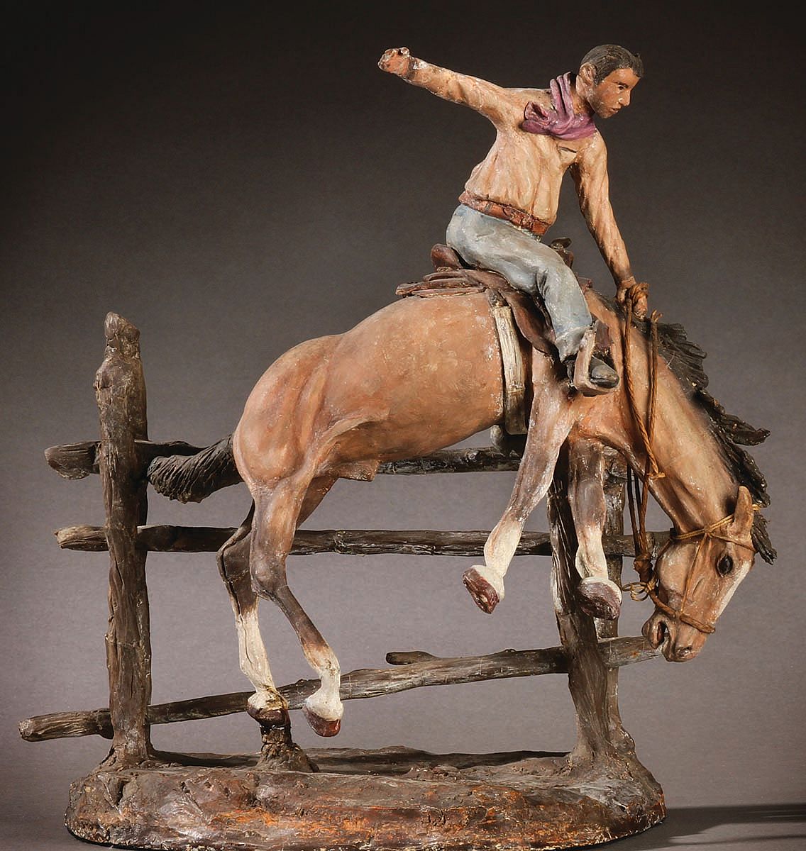 Fig. 5: E.E. Heikka (1910-1941). "Cowboy on a Bucking Bronco," ca. 1931. Painted plaster. 11.75 x 8.25 x 12 in. Gift of Mr. and Mrs. I.B. Bloxum. 20.82