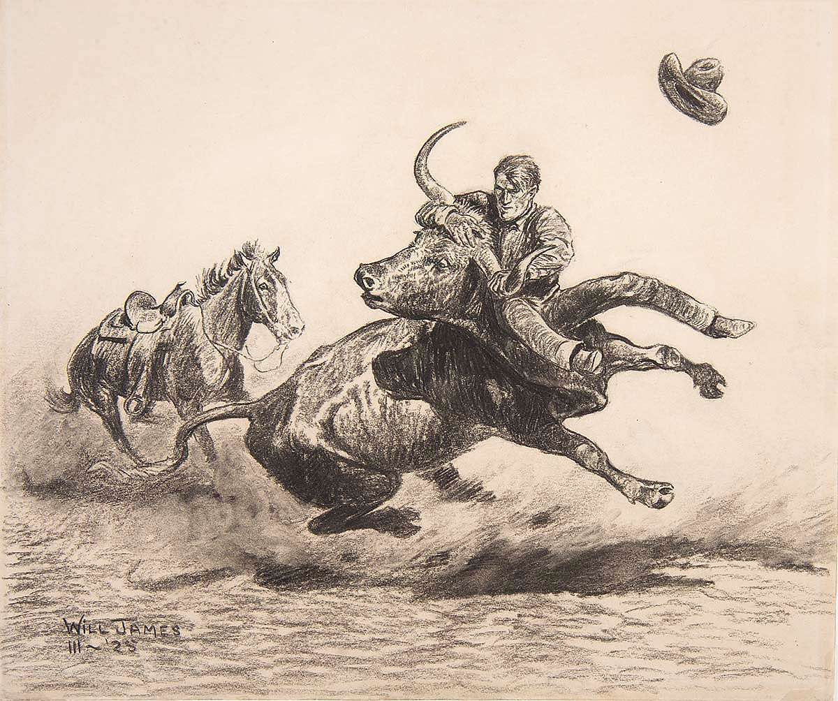 Will James (1892-1942). "Steer Wrestling," 1925. Charcoal and conte crayon on paper. Gift of David DeWitt Dominick in honor of Dr. DeWitt Dominick. 7.12.1