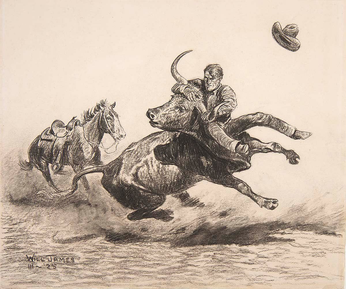 Will James (1892-1942). "Steer Wrestling," 1925. Charcoal and conte crayon on paper. Gift of David DeWitt Dominick in honor of Dr. DeWitt Dominick. 7.12.1