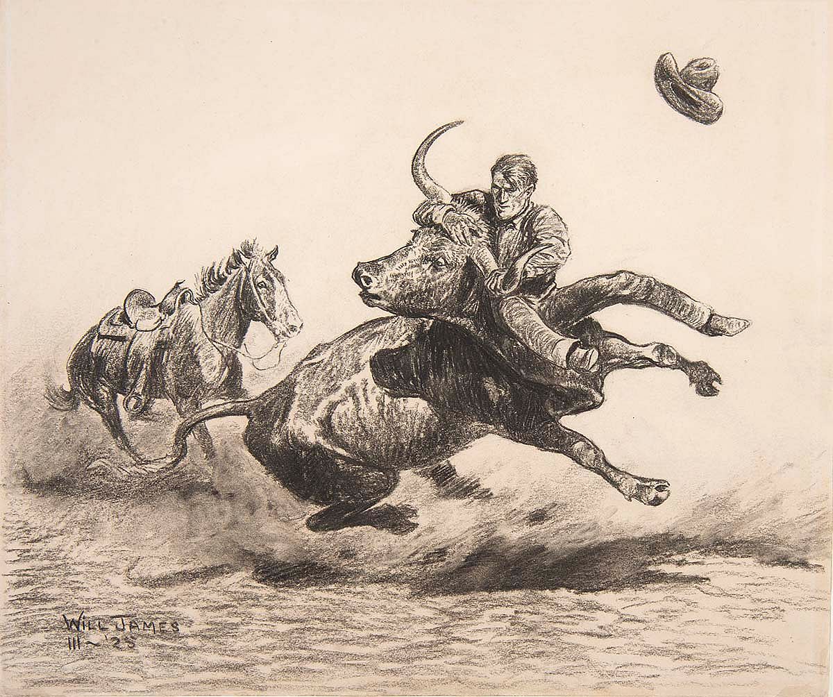 Will James (1892-1942). "Steer Wrestling," 1925. Charcoal and conte crayon on paper. Gift of David DeWitt Dominick in honor of Dr. DeWitt Dominick. 7.12.1