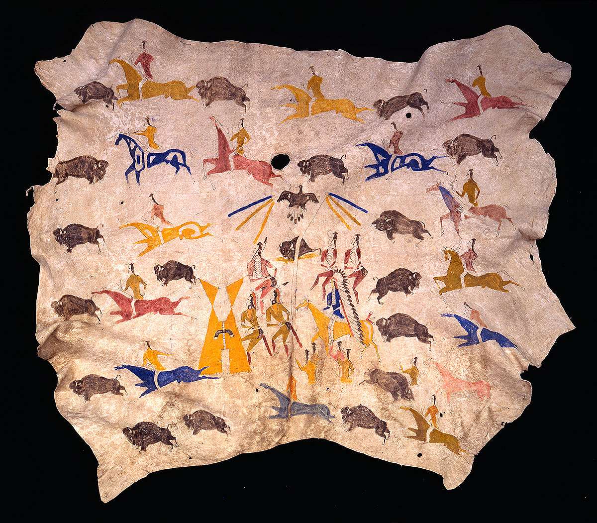 Painted hide, Sundance and buffalo hunt, 1900. Painted by Kadzie Cody, So-soreh (Shoshone). Hide, pigment. NA.702.31