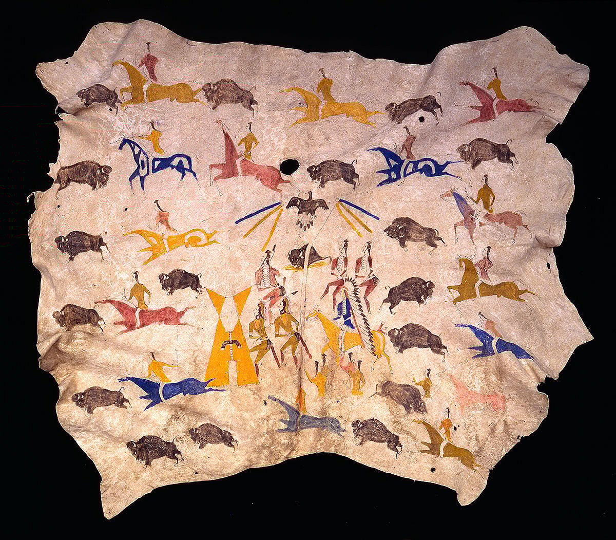 Painted hide, Sundance and buffalo hunt, 1900. Painted by Kadzie Cody, So-soreh (Shoshone). Hide, pigment. NA.702.31