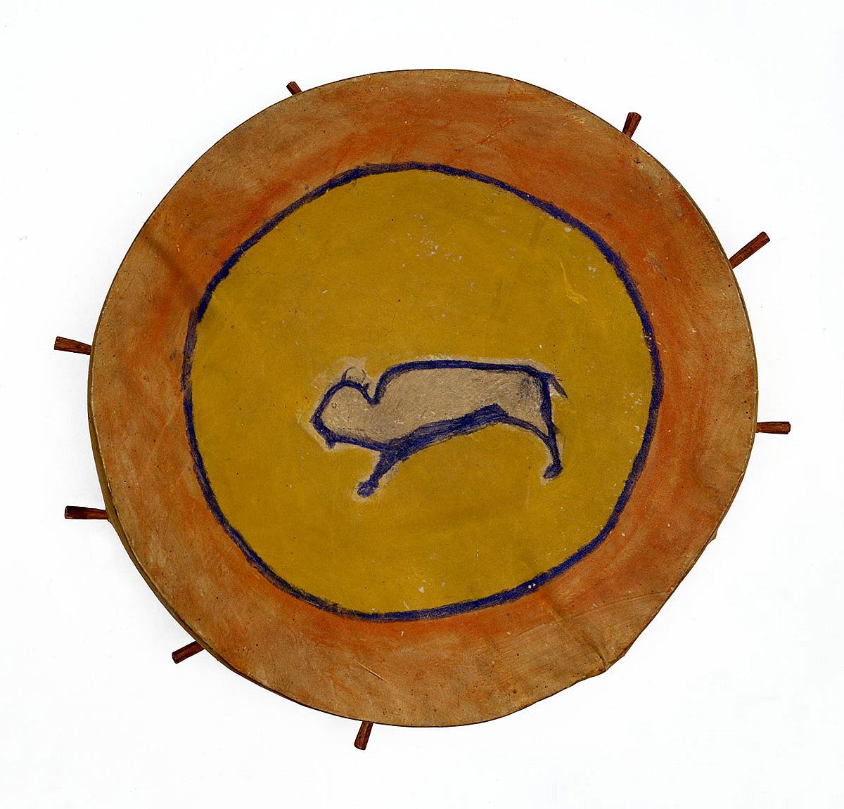 Painted hand drum, ca. 1890. Sioux, Northern Plains. Gift of Irving H. "Larry" Larom Estate. NA.505.9
