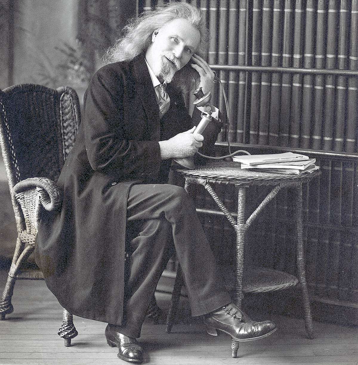 Captain Jack Crawford on the telephone. MS 322 John Wallace Crawford Collection, McCracken Research Library. P.322.0134