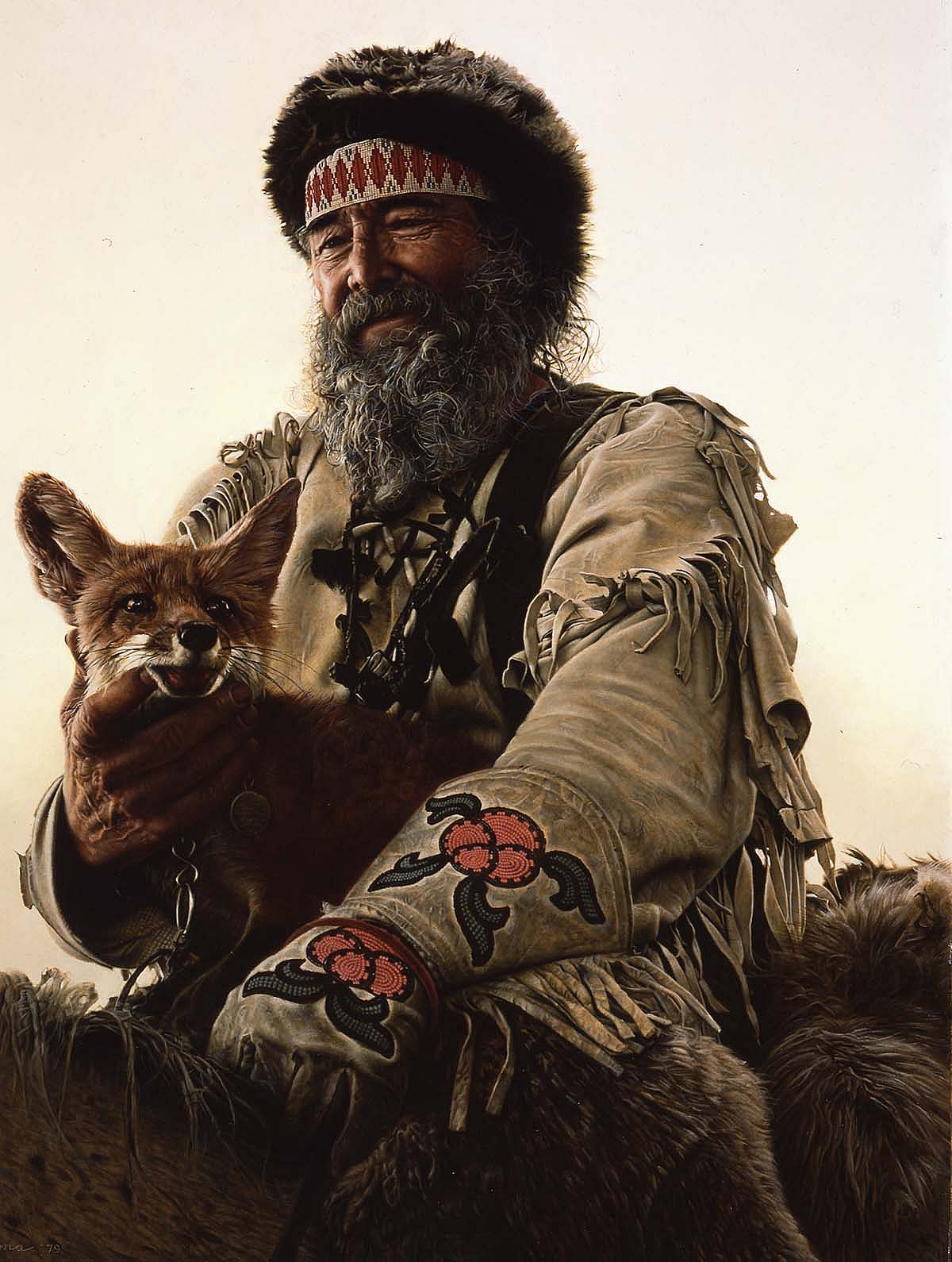 James Bama (1926 – 2022). Timber Jack Joe and Fox, 1979. Oil on artist's board, 30 x 23.875 inches. 19.98.1