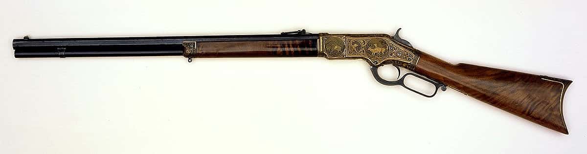 4.Winchester Model 1866 Lever Action Rifle, ca. 1873. Engraved for 1876 World's Fair. Gift of Olin Corporation, Winchester Arms Collection. 1988.8.3283