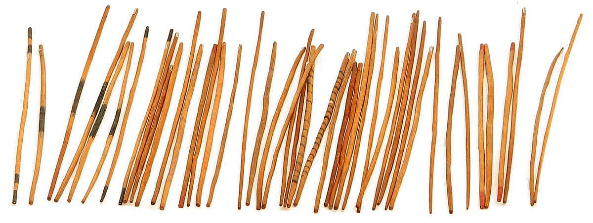 Game sticks, ca. 1875-1899. Wood, pigment. The Paul Dyck Plains Indian Buffalo Culture Collection, acquired through the generosity of the Dyck family and additional gifts of the Nielson Family and the Estate of Margaret S. Coe. NA.503.44