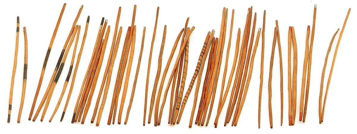 Game sticks, ca. 1875-1899. Wood, pigment. The Paul Dyck Plains Indian Buffalo Culture Collection, acquired through the generosity of the Dyck family and additional gifts of the Nielson Family and the Estate of Margaret S. Coe. NA.503.44