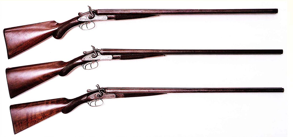 Pictured are three examples of Winchester's imported English shotguns, circa 1878-1884. From top to bottom: Winchester Club Class double barrel, 12 gauge; Winchester Class C double barrel, 12 gauge; and Winchester Match Class double barrel, 16 gauge.
