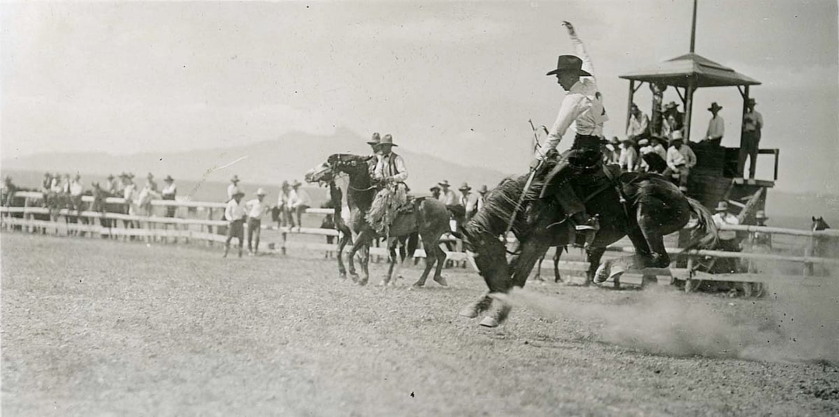 Larry Redman on "Headlight," Cody Stampede, ca. 1925. Photo courtesy the Park County Archives. P17-17-307