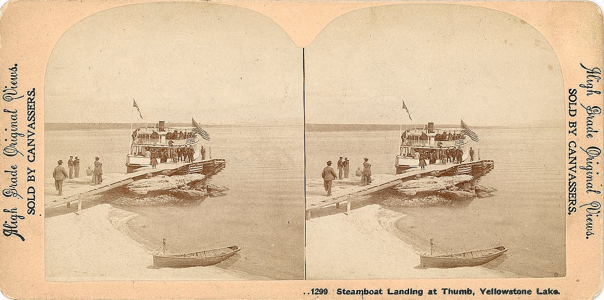 The "Zillah" loads passengers at West Thumb for a ride on Yellowstone Lake. Stereograph. McCracken Research Library, MS21, Series 1, Box 2, No. 77