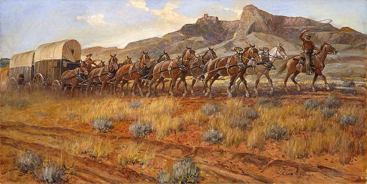 Heart Mountain has always been a landmark to travelers in the Cody area. Nick Eggenhofer (1897-1985). "Wyoming String Team c. 1880," 1966. Oil on canvas. Museum purchase. 2.66