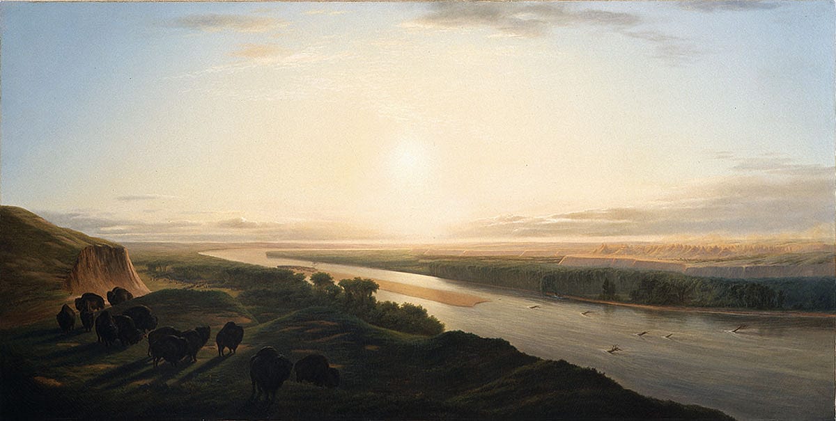 In the early-to-mid nineteenth century, the Missouri River marked the western edge of the American frontier. William Jacob Hays Sr. (1830-1875). "A Herd of Bison Crossing the Missouri River," 1863. Oil on canvas, 36.125 x 72 inches. Gertrude Vanderbilt Whitney Trust Fund Purchase. 3.60