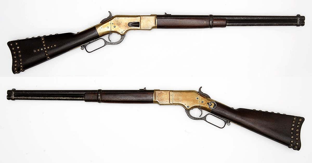 Views of both sides of Winchester Model 1866 lever-action carbine decorated with brass tacks, 1878. The Paul Dyck Plains Indian Buffalo Culture Collection, acquired through the generosity of the Dyck family and additional gifts of the Nielson Family and the Estate of Margaret S. Coe. 2007.14.32