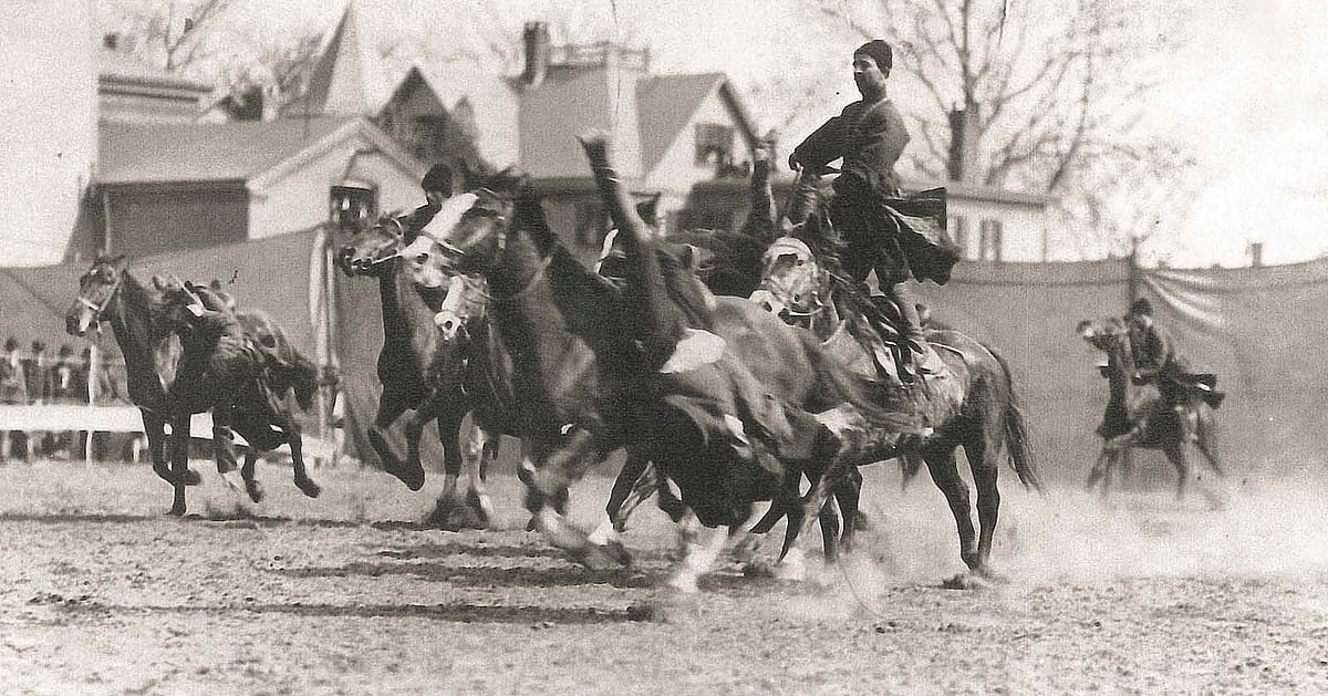 Trick riding, ca. 1902, United States. Collection of Irakli Makharadze.