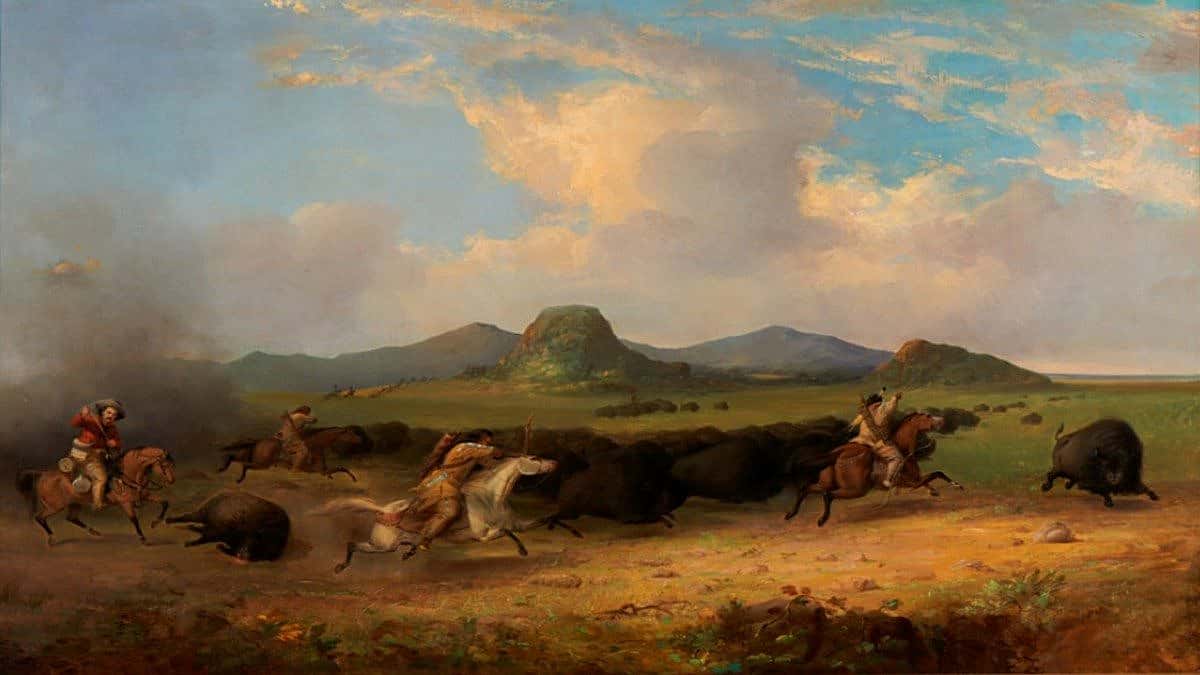 Buffalo Hunt, 1854. Oil on canvas, 39 x 61.5 in. Collection of Gilcrease Museum, Tulsa, Oklahoma. Note: Stanley is shown in the red shirt.