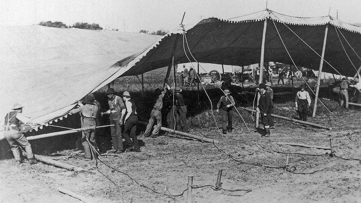 Typical Wild West scene with workers setting up one of the Wild West tents, undated. MS6 William F. Cody Collection, McCracken Research Library. P.6.228a