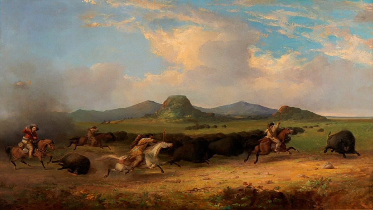 Buffalo Hunt, 1854. Oil on canvas, 39 x 61.5 in. Collection of Gilcrease Museum, Tulsa, Oklahoma. Note: Stanley is shown in the red shirt.
