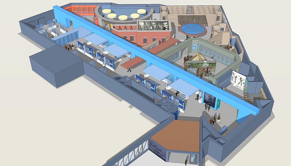 Design drawings by Gallagher & Associates gave a preview of the planned concepts as the renovation plans got underway in 2017. A birds-eye view design concept drawing for the reinstalled Cody Firearms Museum.