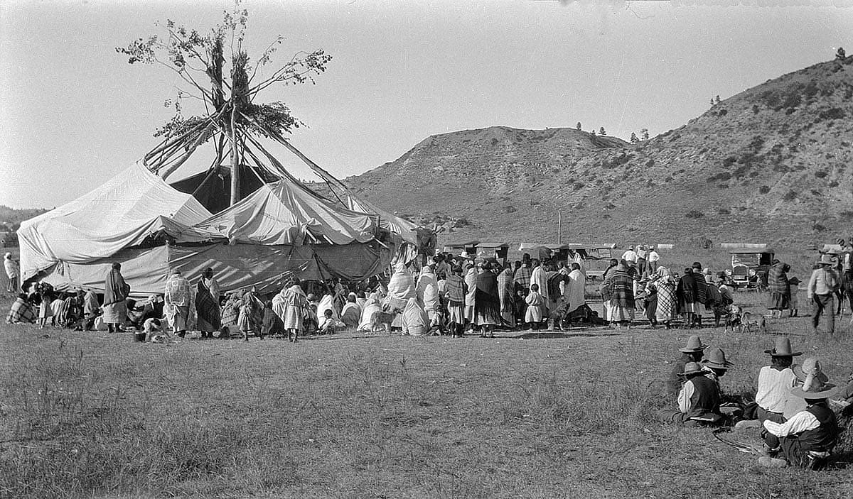 Sun Dance Lodge, Lame Deer, Montana, 1927. MS 165 Thomas B. Marquis Native American Nitrate Negative Collection. PN.165.1.6