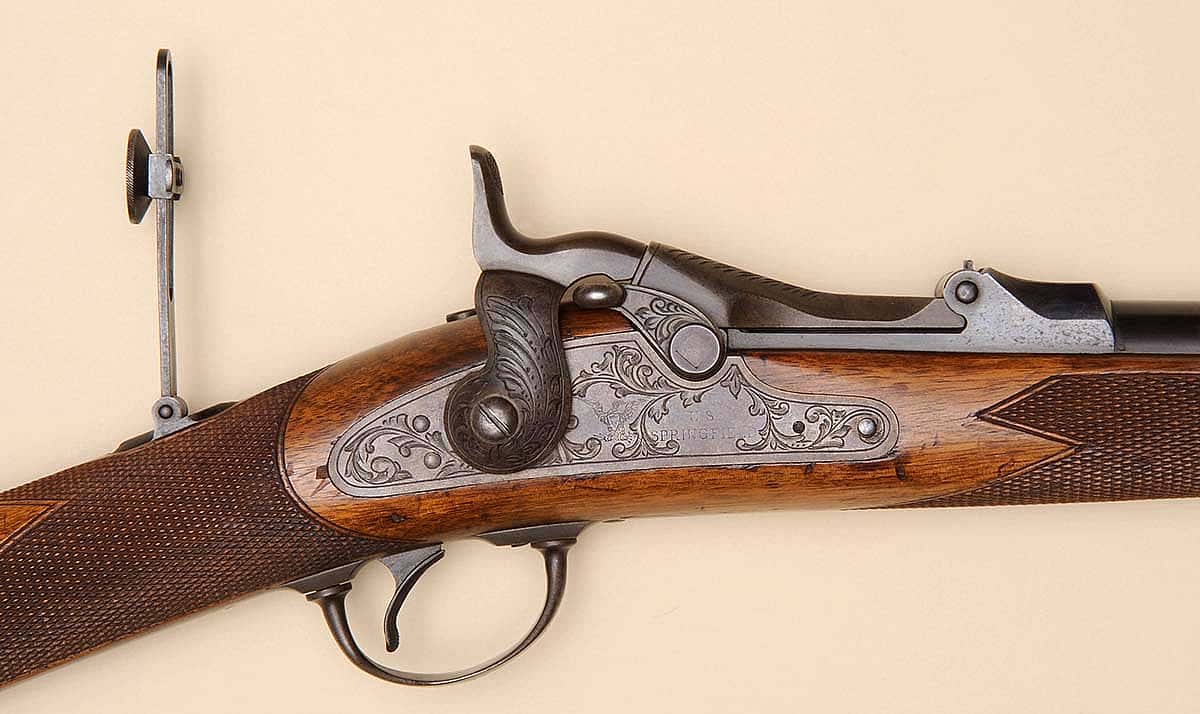 Springfield 1875 Officer's Model rifle, closeup. 1988.8.1041