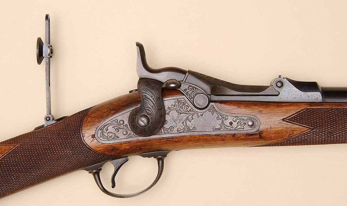 Springfield 1875 Officer's Model rifle, closeup. 1988.8.1041