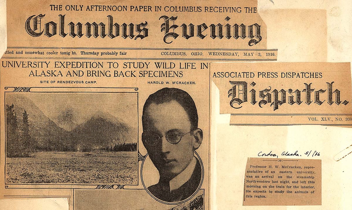 Fig. 5: The Columbus Evening Dispatch announces Ohio State's Alaskan expedition. MS 305 Harold McCracken Photograph Collection, McCracken Research Library. MS305.01.003