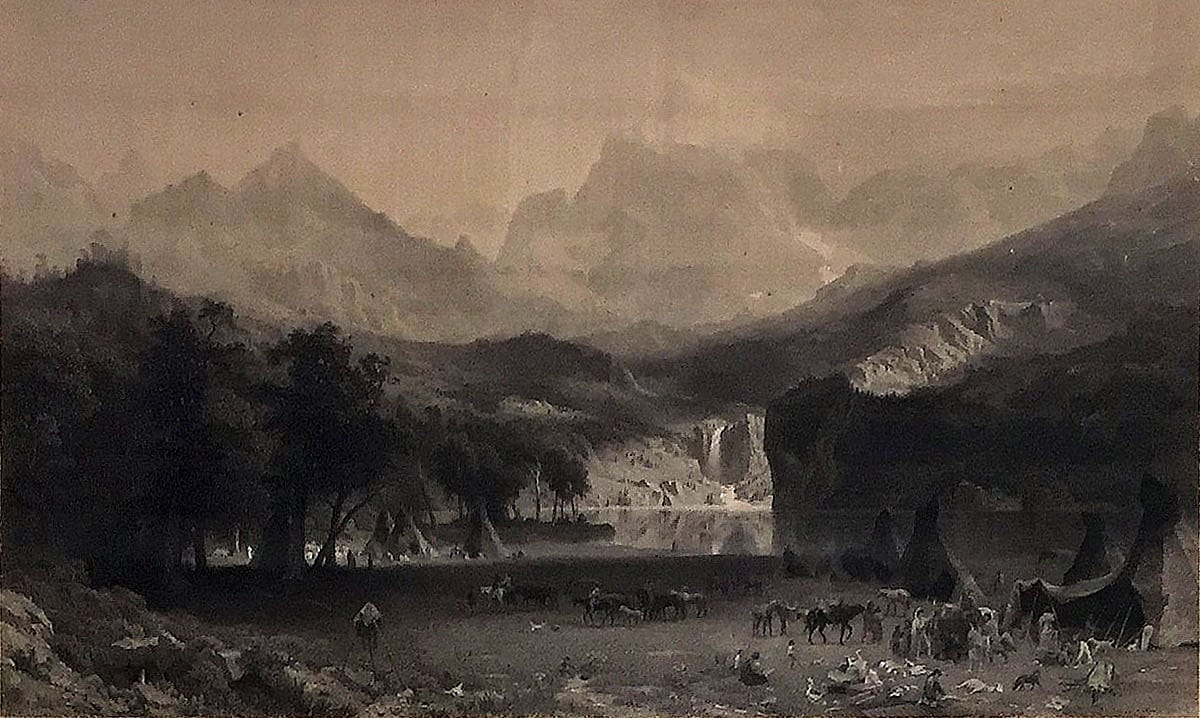 After Albert Bierstadt (1830–1902). James Smillie, engraver. THE ROCKY MOUNTAINS, 1866, engraving. Buffalo Bill Center of the West, Cody, WY. Gift of Irving H. “Larry” Larom, 68.72